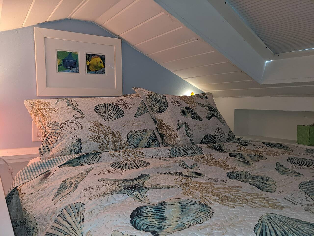 Queen loft bed, comfortable as a primary sleeping area for those comfortable with the ladder, otherwise great for guests.