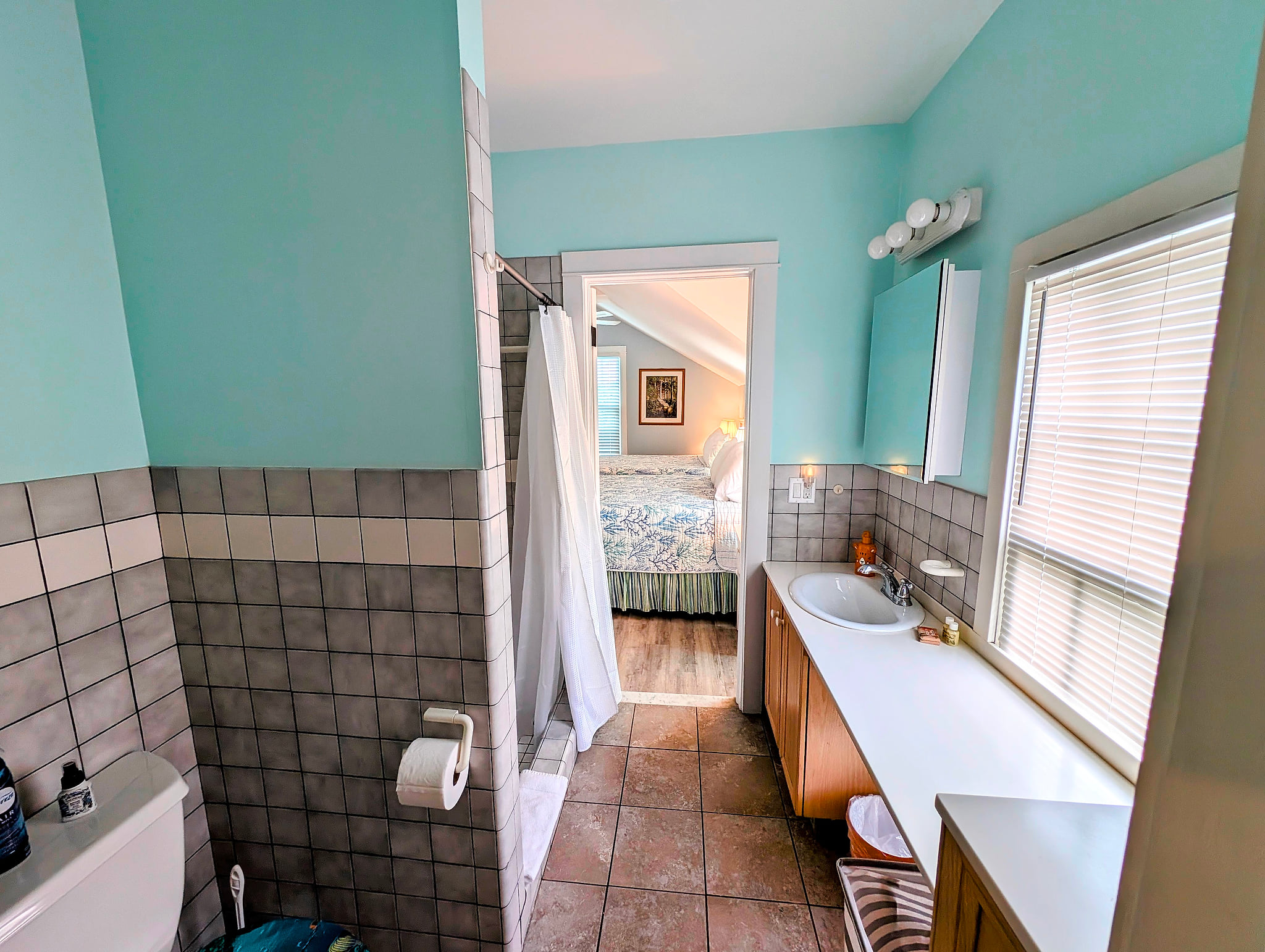Sunny en-suite bath with walk-in shower, long vanity and storage