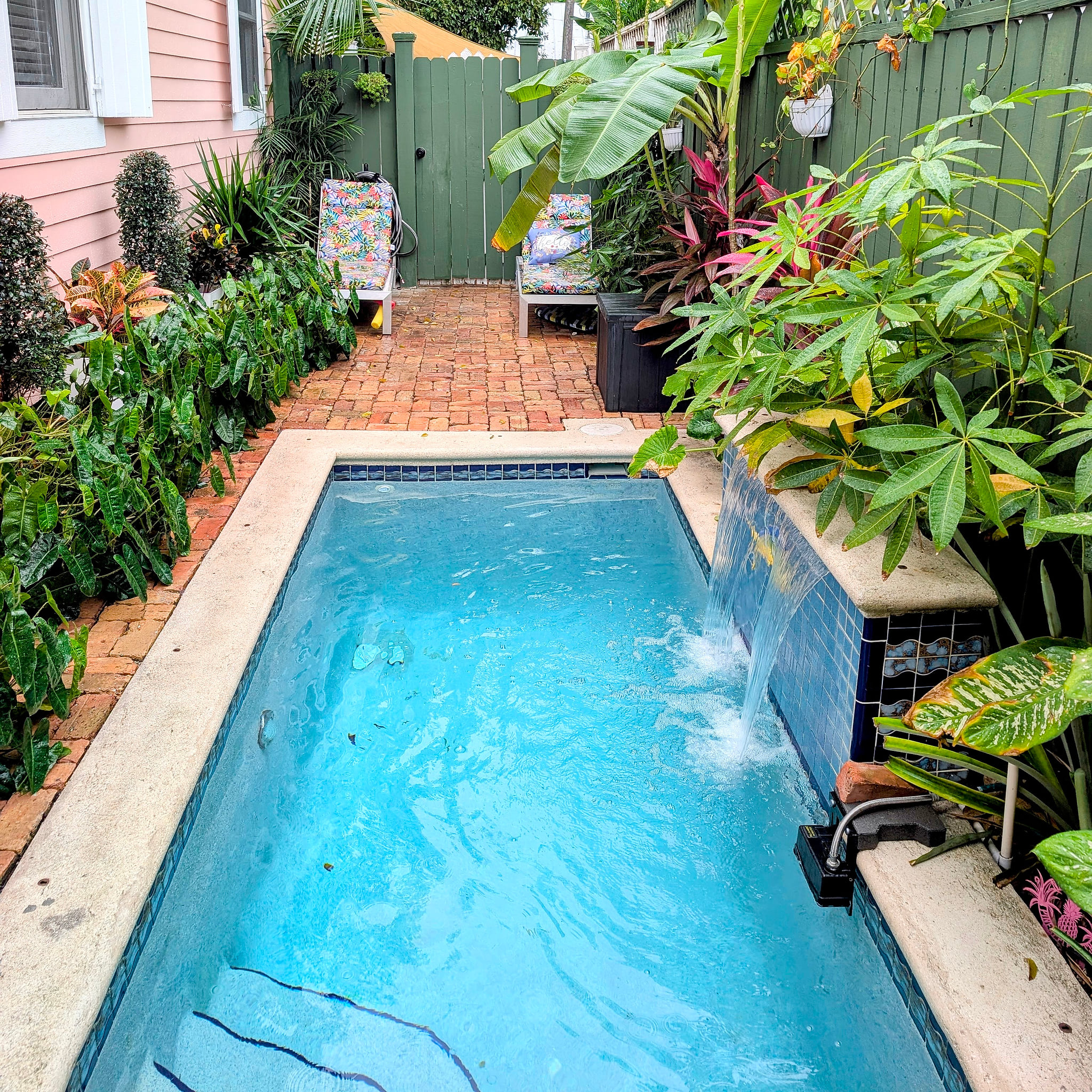 Private tropical plunge pool with waterfall and sunny brick patio Cockhouse 3BR/3BA heated Pool/Parking/Pet Old Town