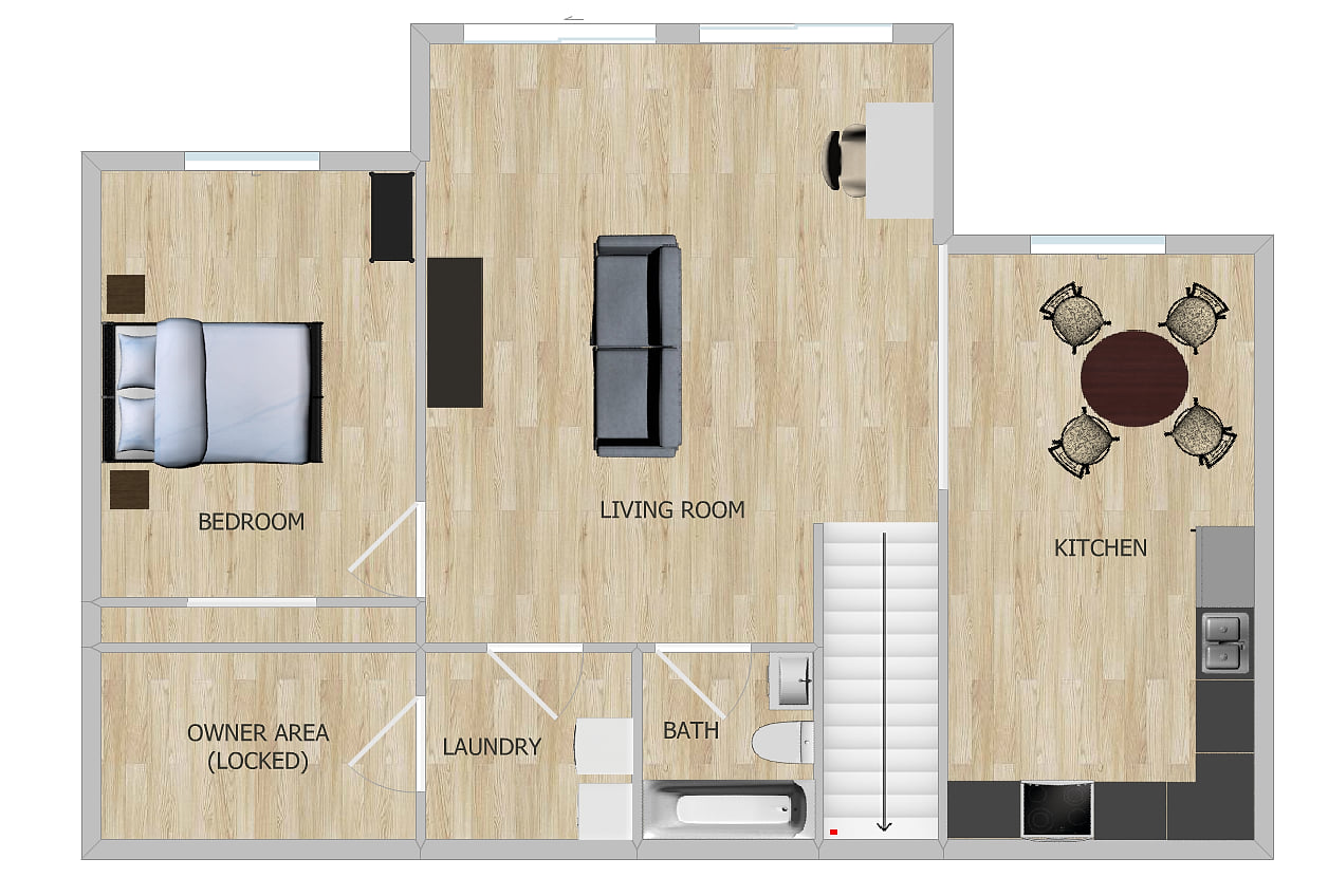Bright 1BR layout with open living area, full kitchen, dining & laundry