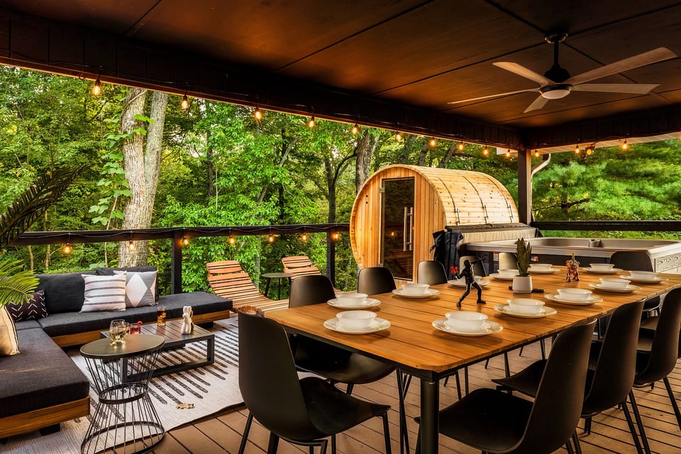 Dine al fresco at this table that seats 12 while your family lounges outside in the hot tub  and sauna or watches the outdoor TV.