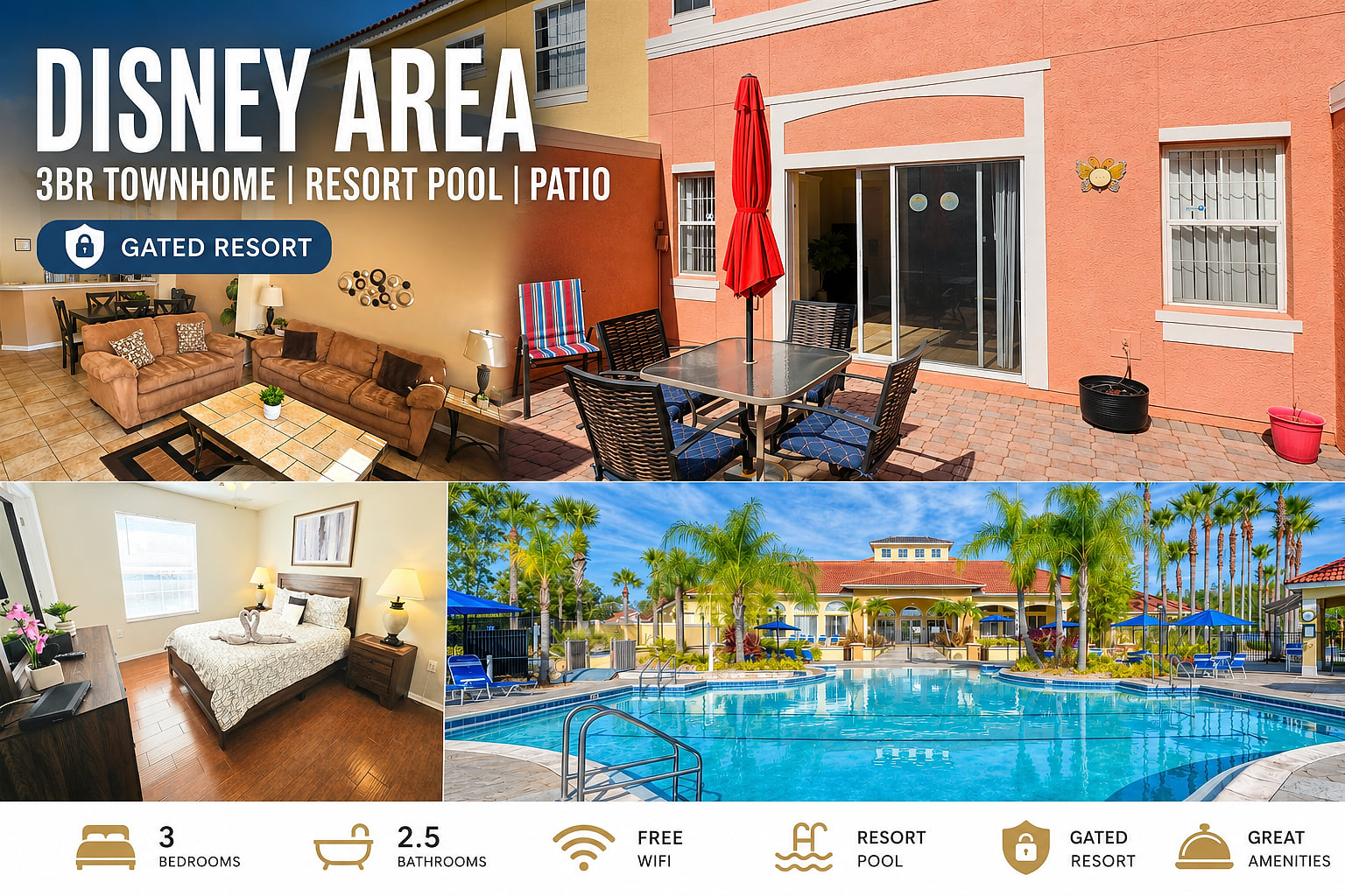 Disney Area 3BR Townhome Resort Pool, Patio