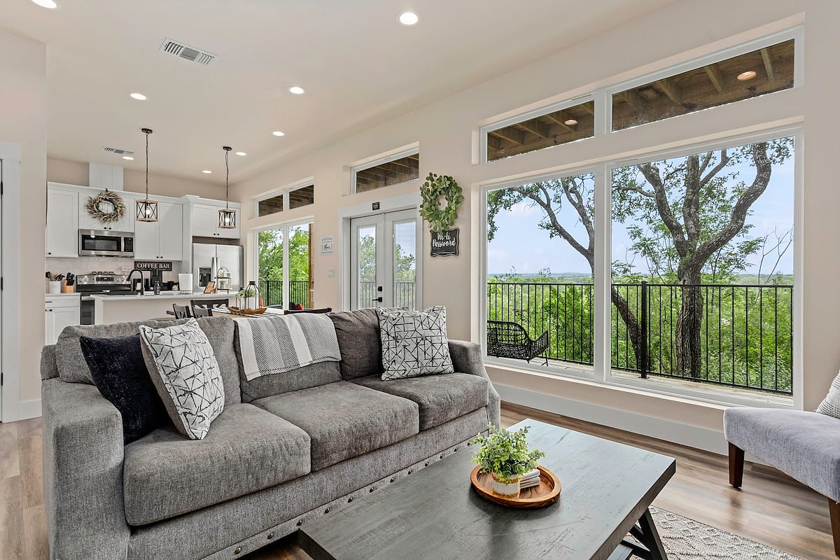 Relax in spacious living rooms with comfy seating and stylish décor—ideal for movie nights, family gatherings, or just unwinding after a day on the river. Your home away from home at The Riverscape at Gruene!