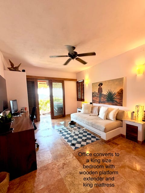 Bedroom two. This shows set up as an office, it converts to a king sized bed with a wooden platform and king mattress. Can be set up to your liking.