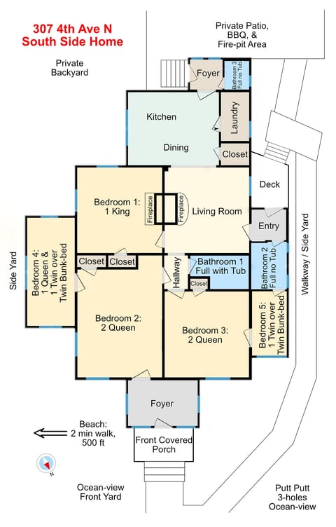 Spacious 5BR beach home with patio, BBQ, fire pit, and 2-min beach walk