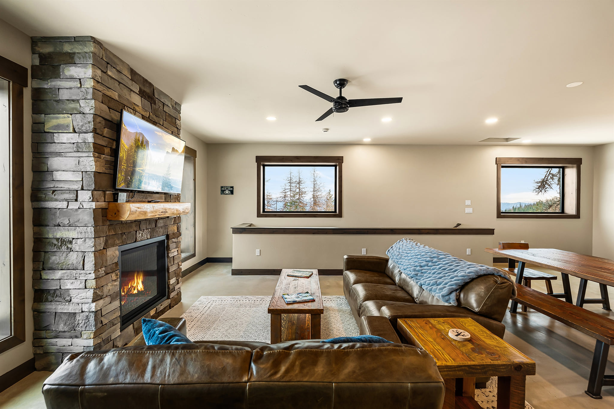 Gas fireplace, Views, Leather couches, 55" smart TV, Yoga mats