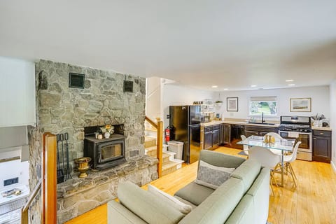 Open living space with fireplace.