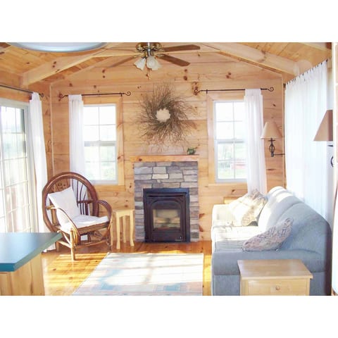 Living room with gas log fireplace. (Curly willow wreath made by David.) Smart TV is in a cabinet on the wall to the left next to the sliding porch door and just off the edge of the photo.