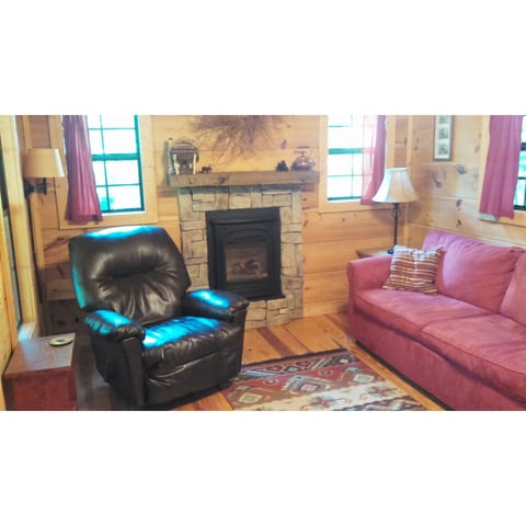 The living room features comfortable seating and a gas log fireplace. The smart TV is on the fourth wall over the dining area.