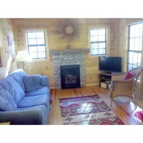 Living room with gas log fireplace (Curly willow wreath made by David.) and Smart TV.