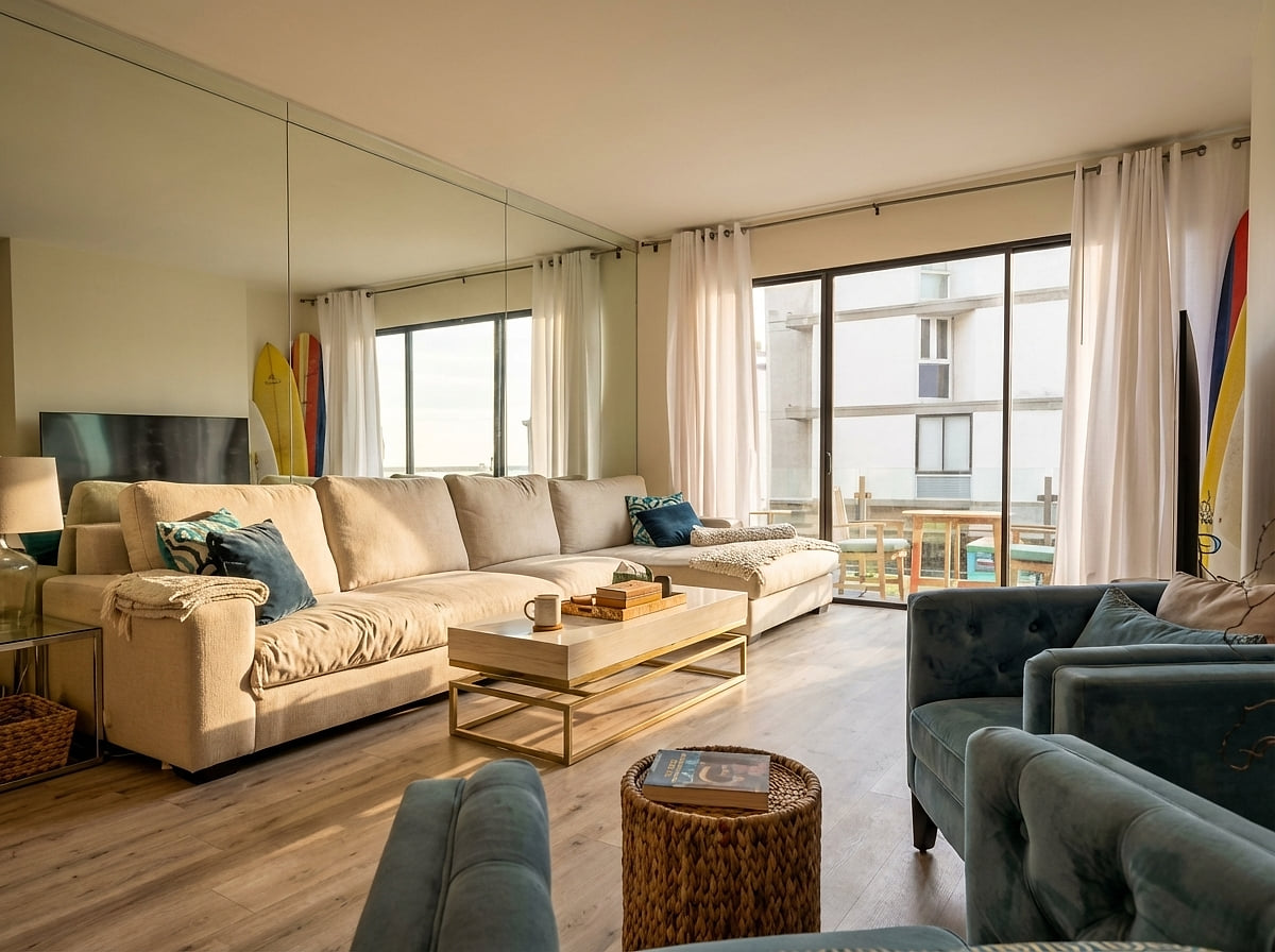 Sunny coastal lounge with balcony, plush seating, and beachy vibes