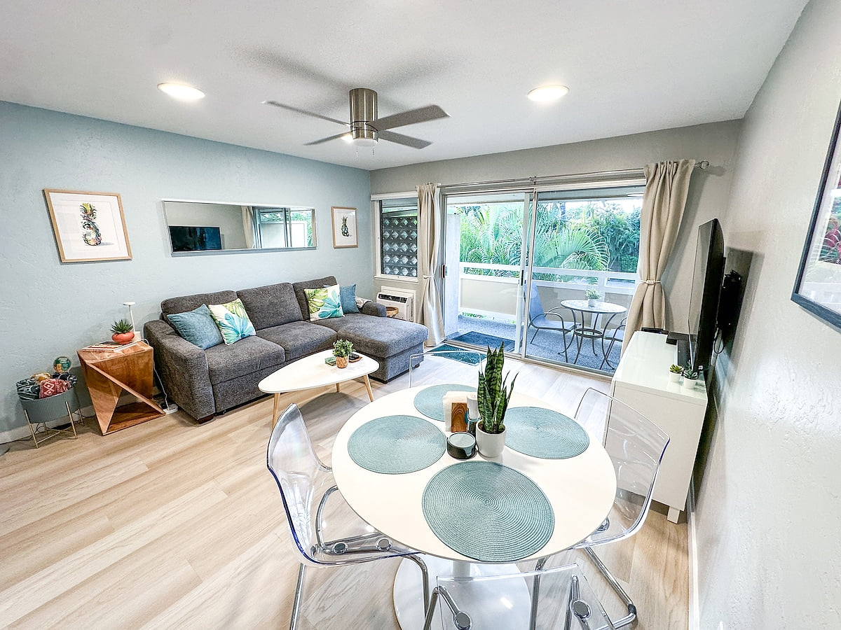 Spacious, comfortable living/dining room with smart tv. Newly renovated Coconut Coast 1BR condo w/ A/C