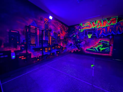 Custom painted glow room in the garage with pickleball and basketball court