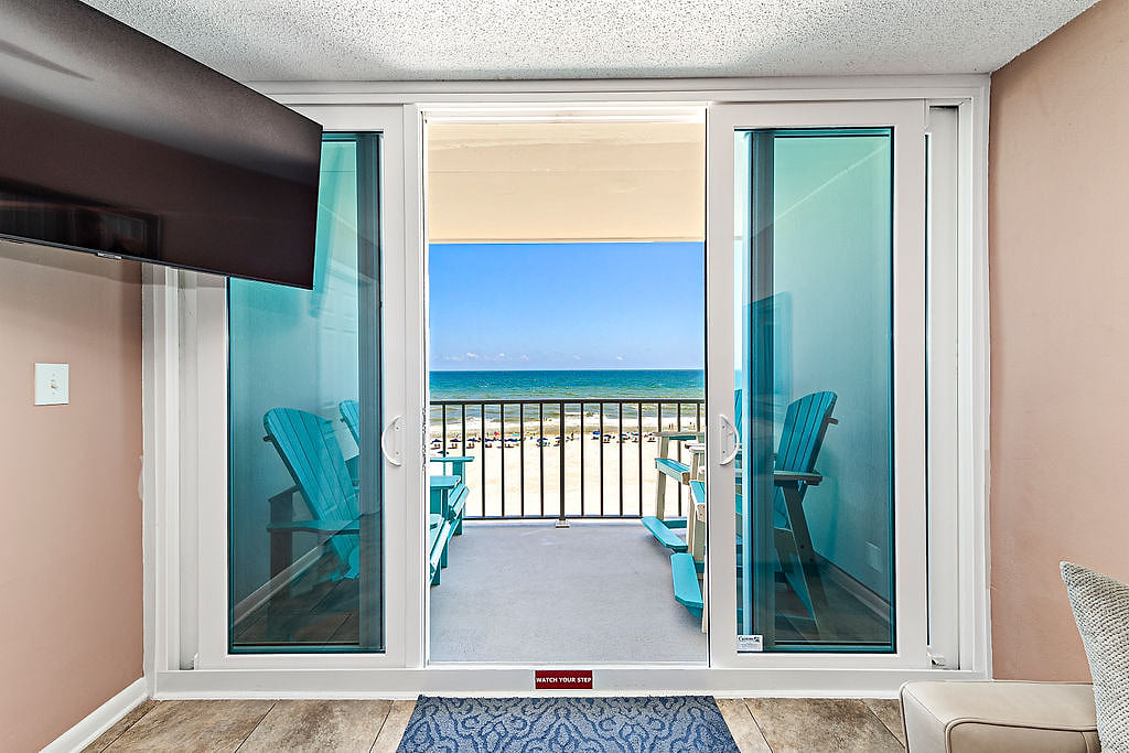 Living room looking onto balcony