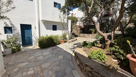 Sunny stone courtyard with blue door, lush trees, and terraced garden