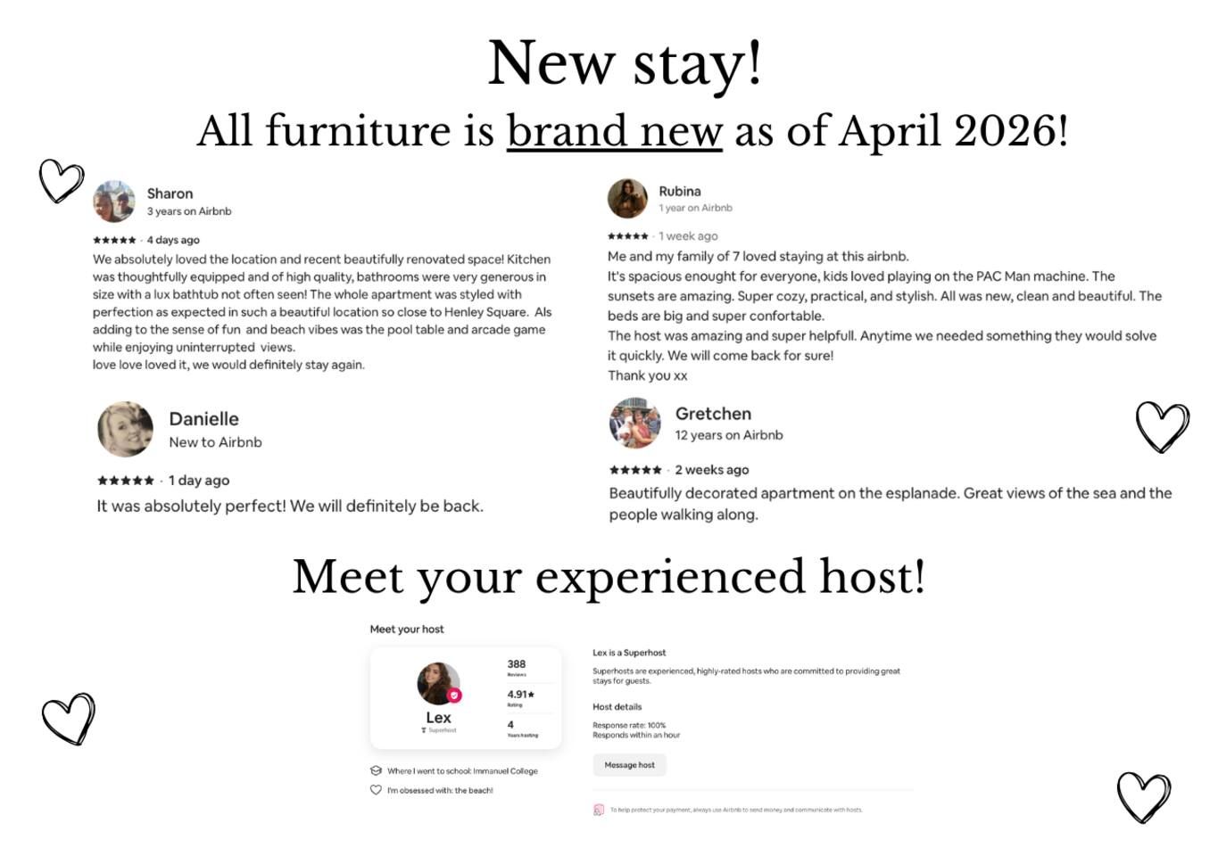 Welcome to a fresh, newly furnished space hosted by Lex — a trusted Airbnb Superhost with nearly 400 five-star reviews. Guests call it 'absolutely perfect' with an 'excellent location.'.
