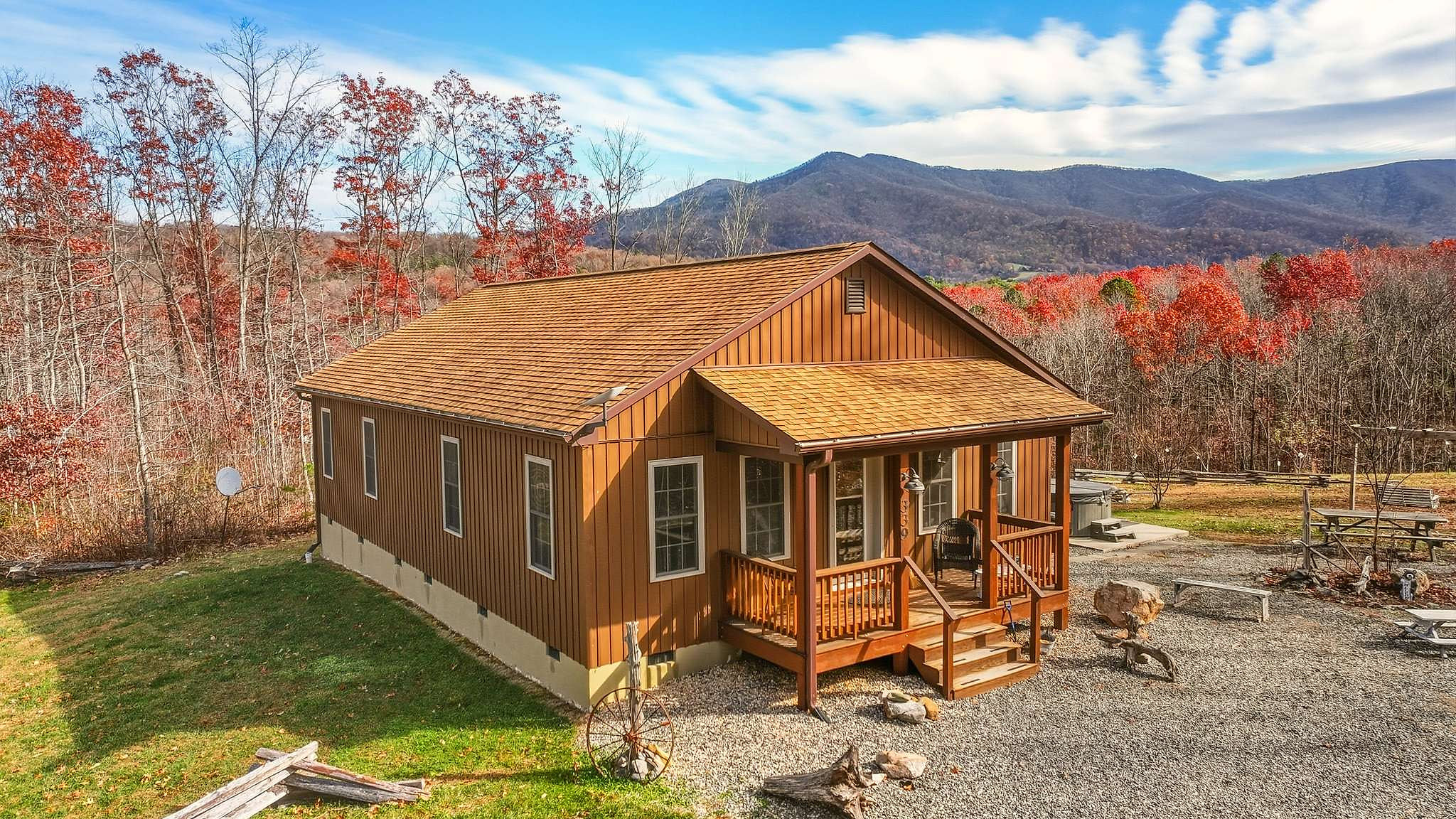 Step outside and enjoy the calm, serene atmosphere of this mountain cabin.