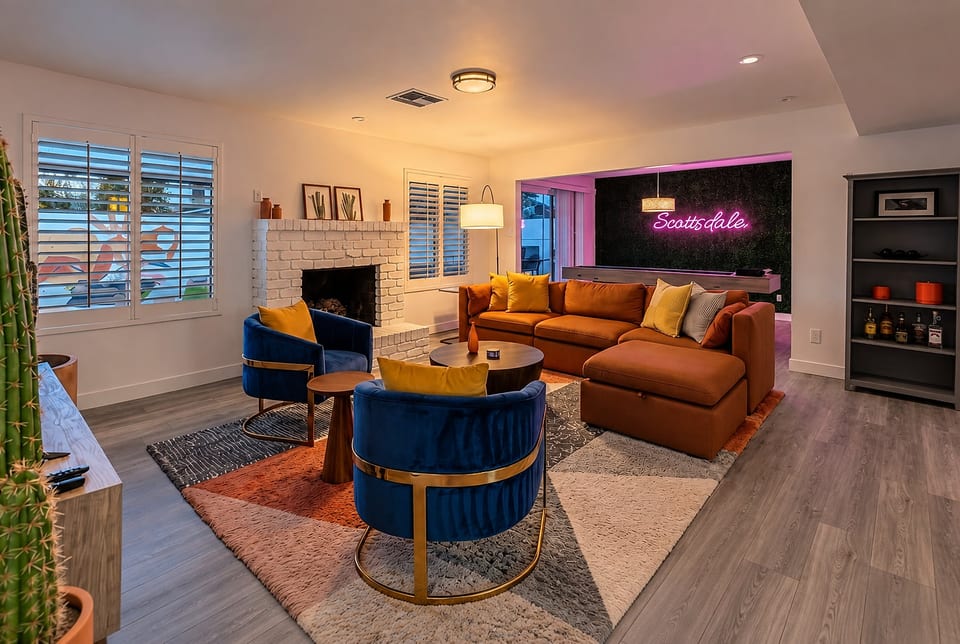 Settle into the spacious sectional, enjoy a movie, or catch up with friends in our colorful living room