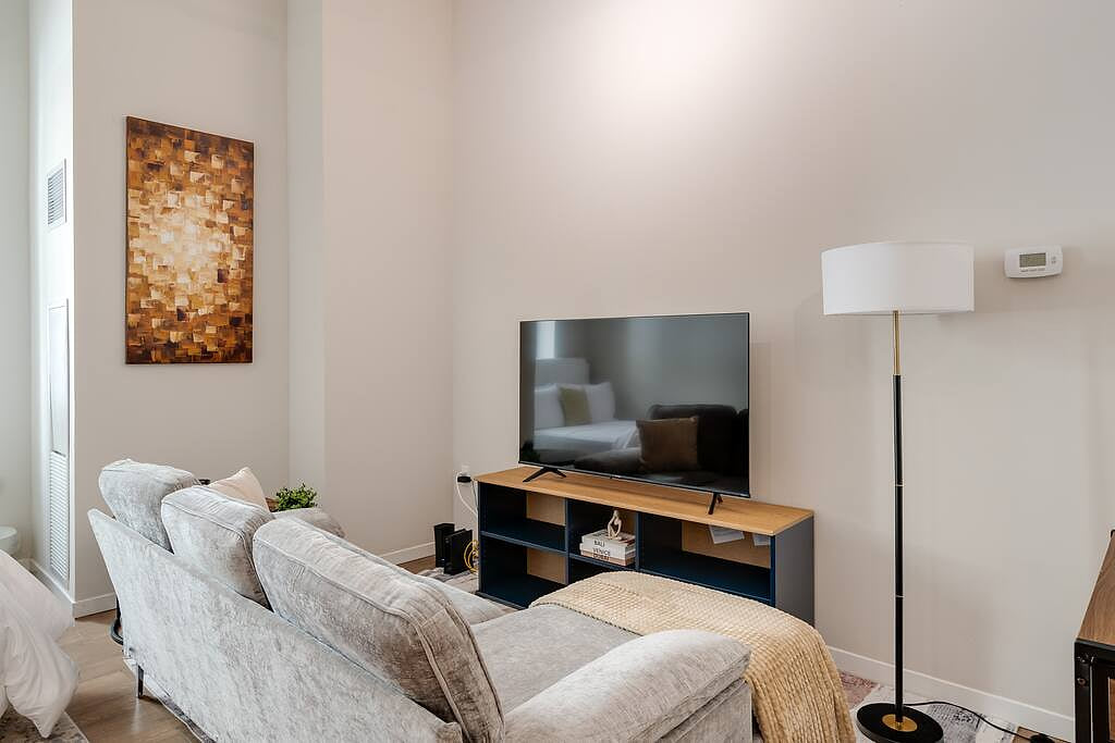 Relax in this cozy living space with a plush sofa, smart TV, and modern decor.
