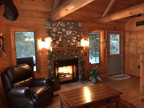 Cozy wood burning fireplace for snuggling