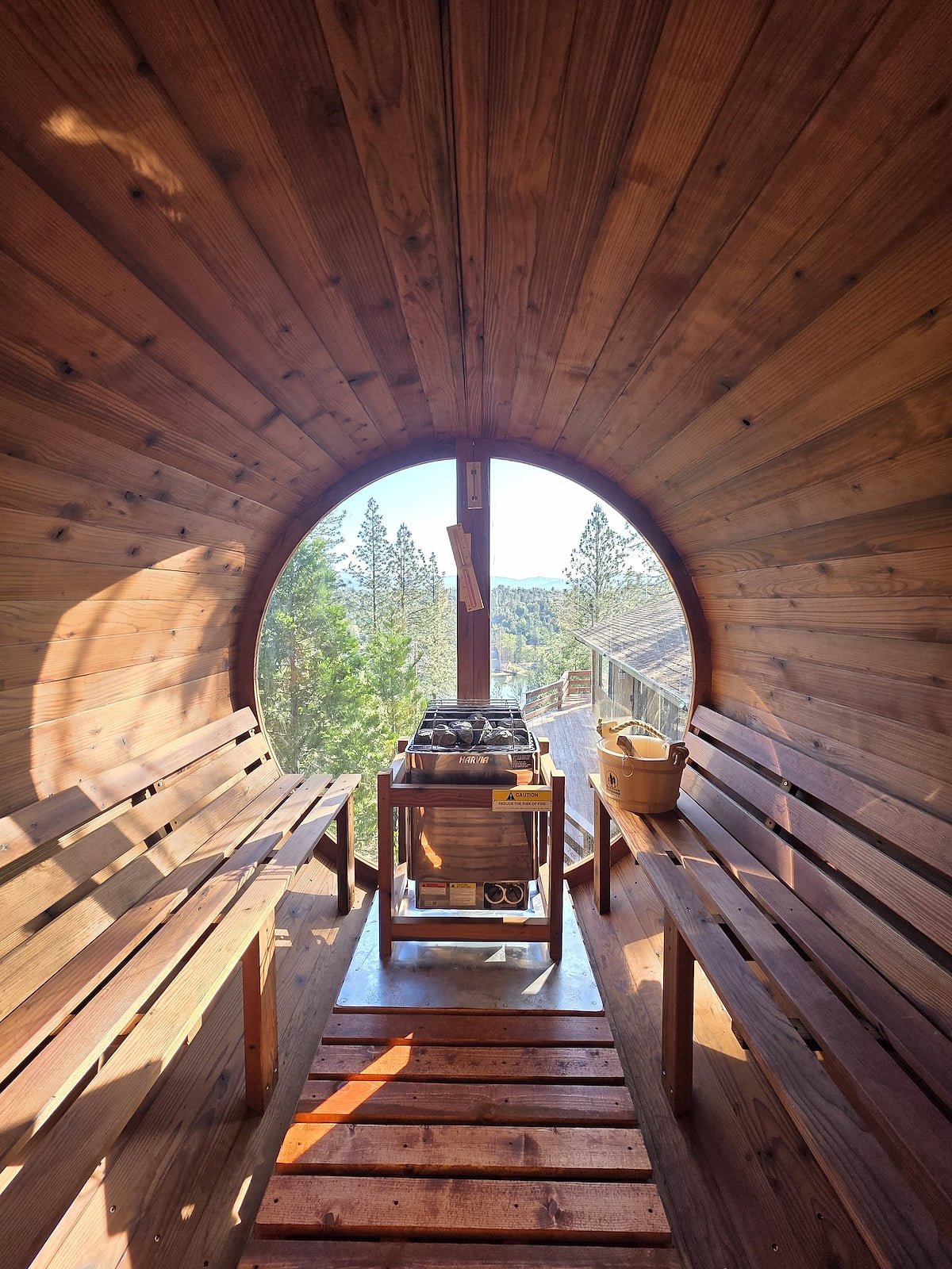 Enjoy the Panoramic Redwood’s steam sauna view from raised deck.