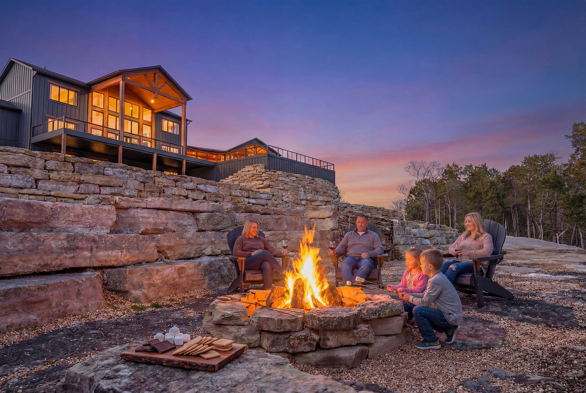 Enjoy glowing sunsets, expansive views, and cozy nights gathered around the outdoor fire pit on Table rock Lake.
