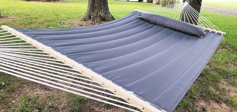 Relax in this yard with large trees in this 2 person hammock!