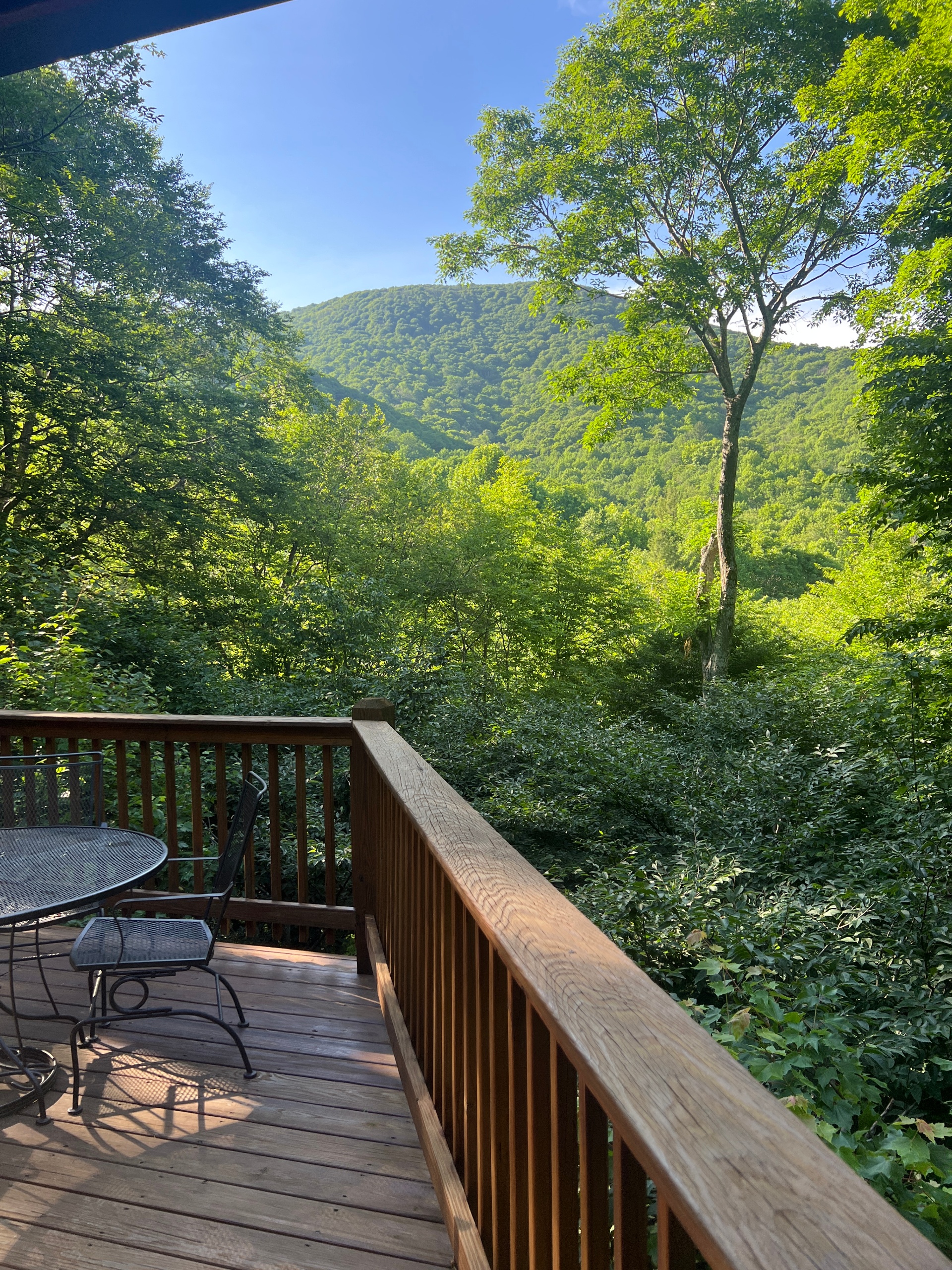 Standing just under the covered deck about to have my morning coffee.