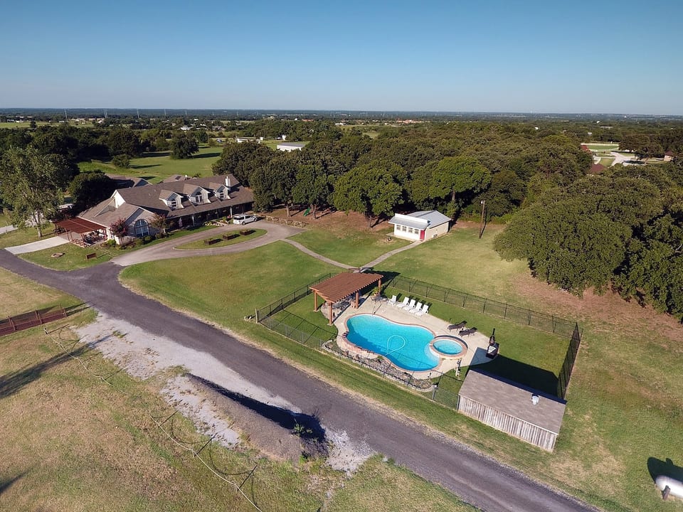 Bird's eye view of Resort style Ranch Home, Swimming Pool, Fitness Center