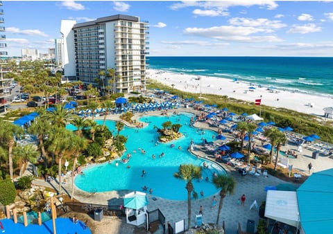 Enjoy breathtaking aerial views of Edgewater Beach Resort’s expansive pools and luxury amenities.