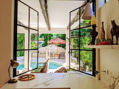 Frech window bar pass through to the pool