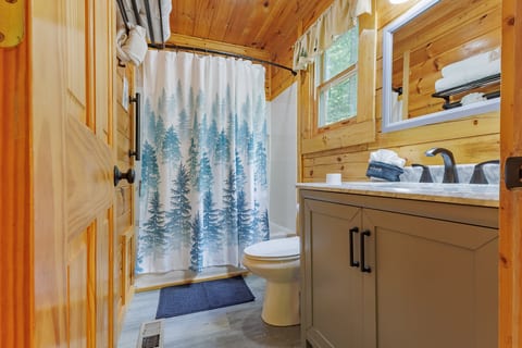 Rustic cabin bathroom with natural light and charming forest-themed details