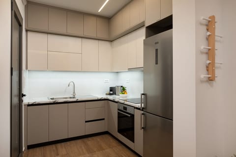 Modern fully equipped kitchen with sleek cabinets and stainless appliances