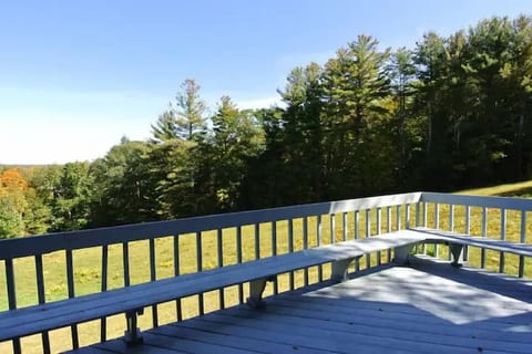 Balcony overlooking the meadow.  There is a gas grill, a gas fireplace, 2 Adirondack chairs, a small breakfast table with 2 chairs, and flowers (not pictured).