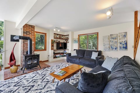 The living room has a gas fireplace, smart TV, and the couch can pull out for an extra bed for large groups.