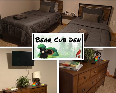 Bear Cub Den — two cozy twin beds, woodland theme, and toys for the little ones. Cardinal Crest is as much theirs as it is yours.