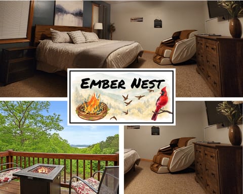 Ember Nest — queen bedroom with private electric fireplace, lake-view balcony, and a garden tub ensuite. Romance, meet the mountains. 🔥💜