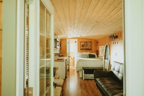 Cozy studio tiny house. Includes full size master bed with 12" foam mattress, futon couch that makes into a full size bed as well, dining table for 4 people, standing mirror, kitchen, microwave, 2 burner hot plate, fridge, and more.