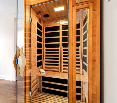 Private in-suite sauna just steps from the bedroom for a relaxing Blue Ridge retreat.