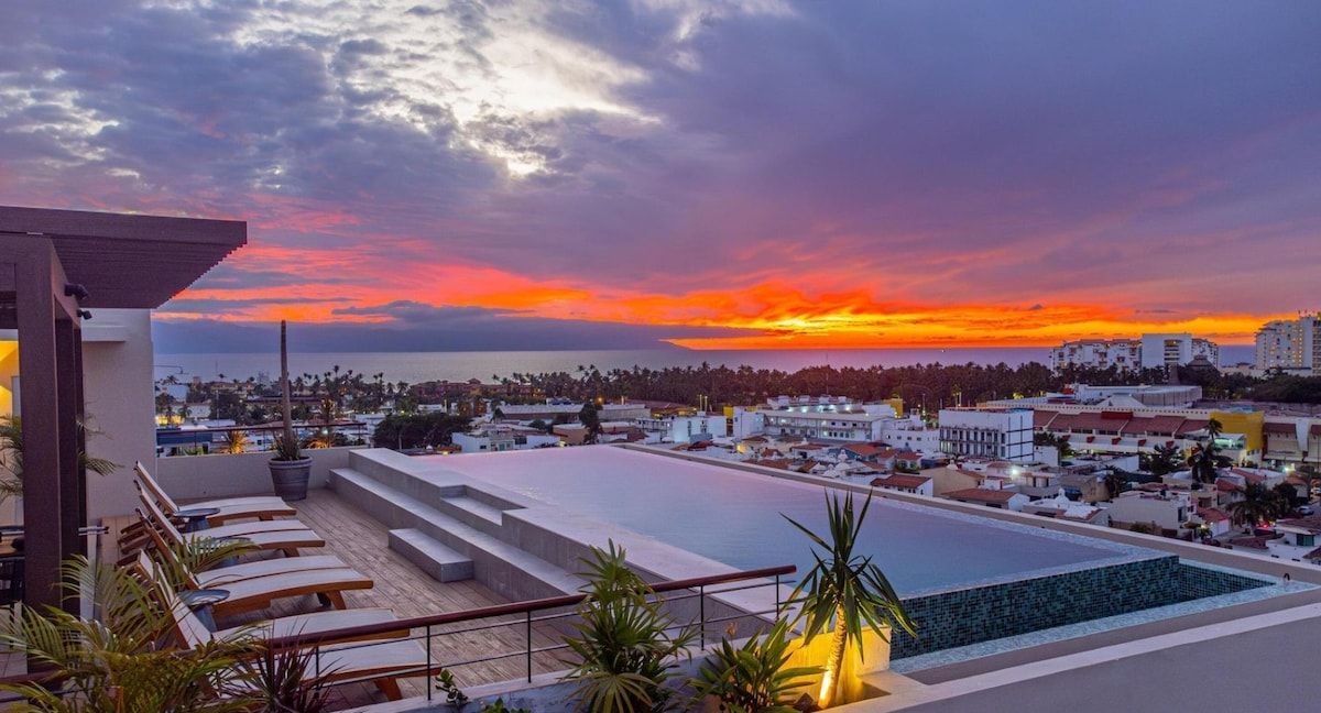 Take in unforgettable sunsets from the heated rooftop pool with sweeping ocean views, lounge seating, and a relaxed resort-style atmosphere above Puerto Vallarta.