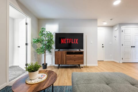 Bright modern lounge with streaming TV and warm, inviting design