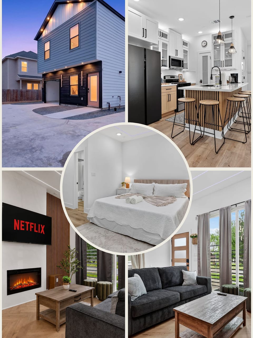 Modern home with bright kitchen, cozy fireplace lounge, and stylish bedroom