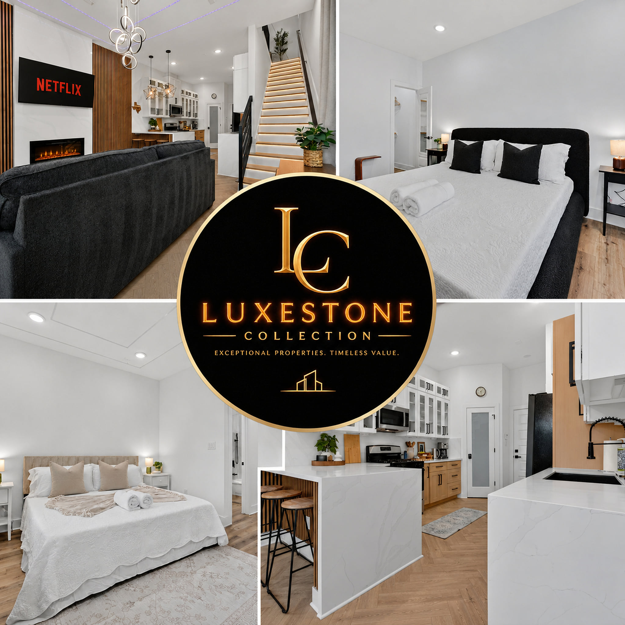 Modern luxe stay with cozy bedrooms, fireplace lounge, and sleek kitchen