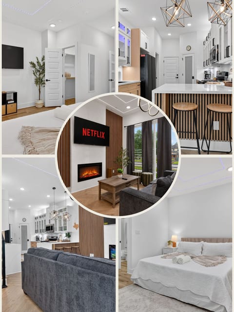 Bright modern retreat with fireplace, breakfast bar, and cozy open layout