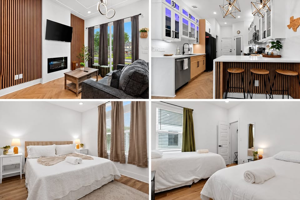 Bright modern retreat with sleek kitchen, cozy lounge, and inviting bedrooms