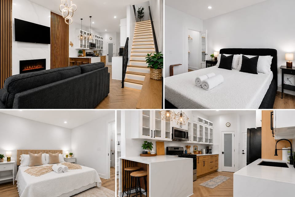 Modern open-concept home with stylish kitchen, fireplace, and cozy bedrooms