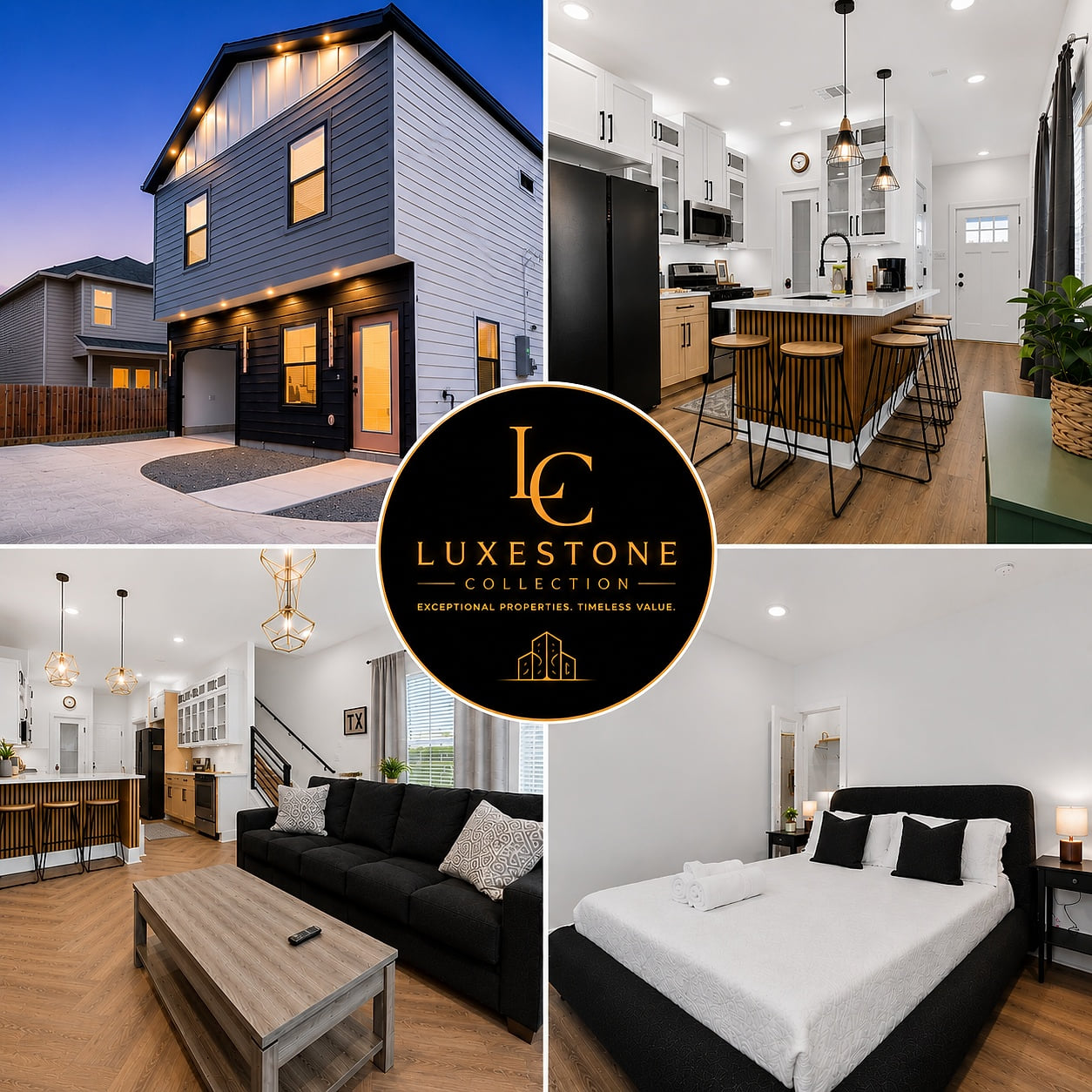 Modern 2-story retreat with sleek kitchen, cozy lounge, and stylish bedroom