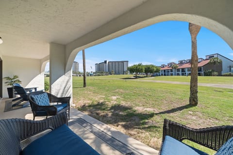 Expansive Gulf-facing views of holes 1 and 2 from our oversize double-width patio