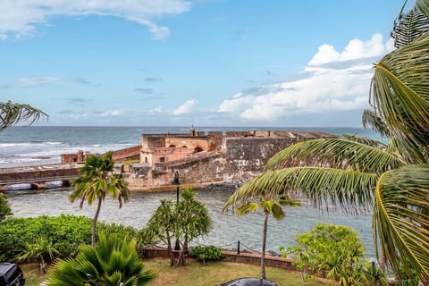 18th-century Fortín San Gerónimo framed by swaying palms and Atlantic waves