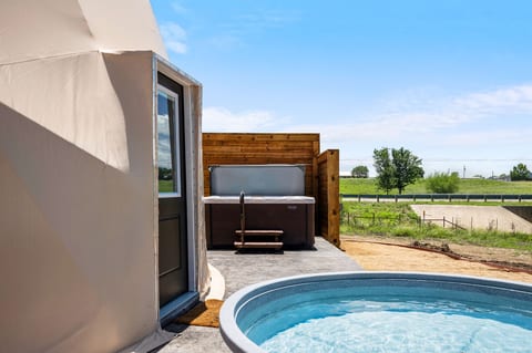 Private plunge pool and hot tub with peaceful countryside views